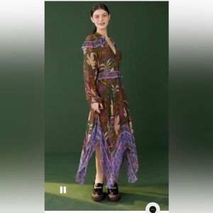 FARM Rio Green Wild Jungle Midi Dress with Purple and Pink Leaf Print NWT
